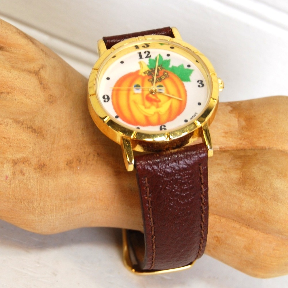 Vintage Halloween Watch Leather Pumpkin Trick Treat Japan‎ Mov't *needs battery